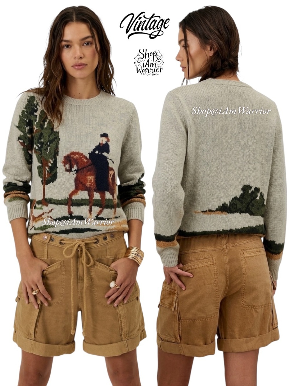 Vintage Equestrian Horse Rider Scenic Cottagecore Grandpa Chic Knit Sweater